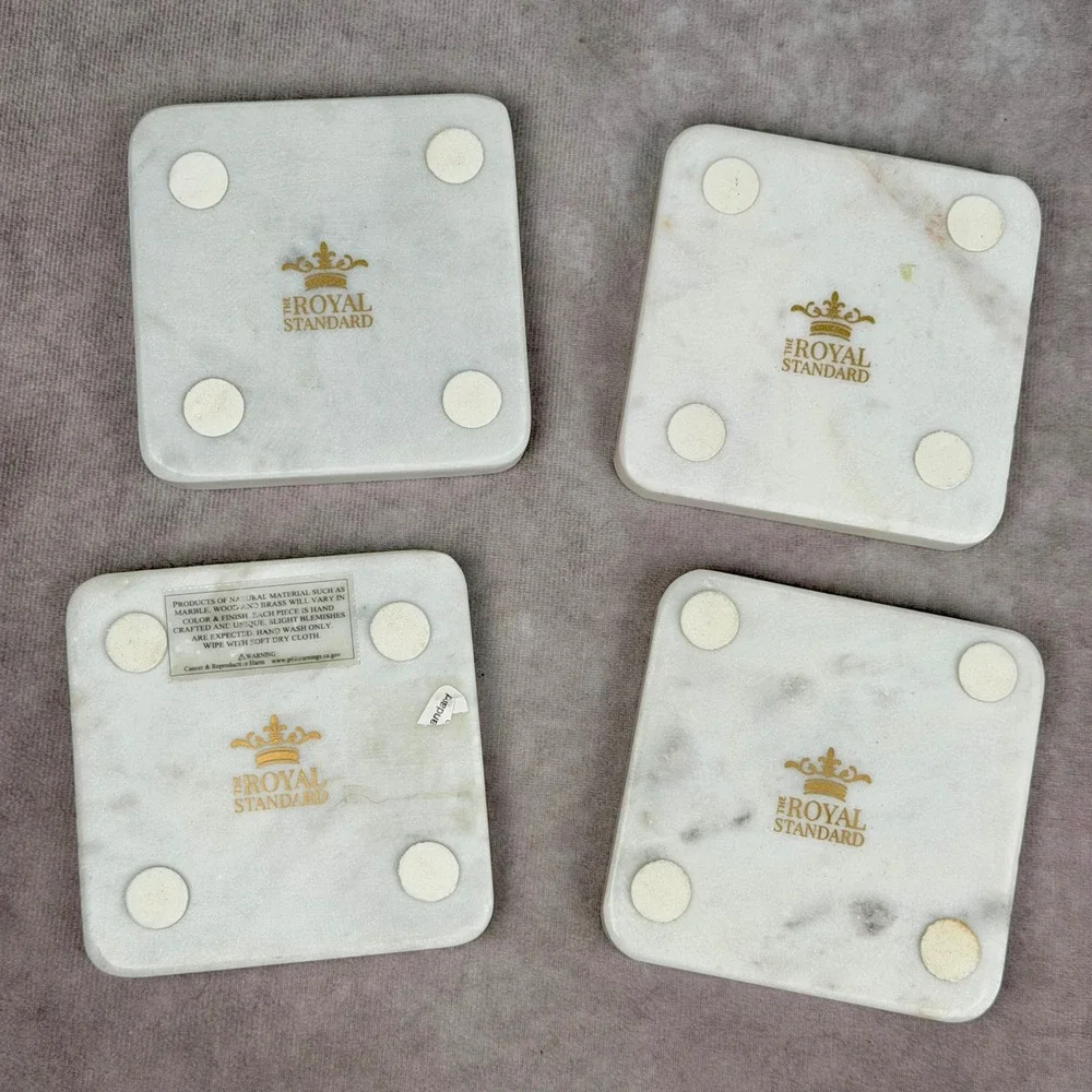 The Royal Standard White Marble Arkansas Brass Inlay Coasters Set of 4
